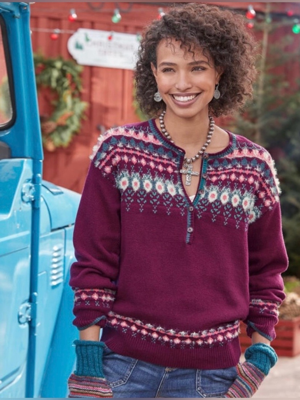 Sundance Innis Fair Isle  Henley Sweater 1/4 Button Pullover XXL